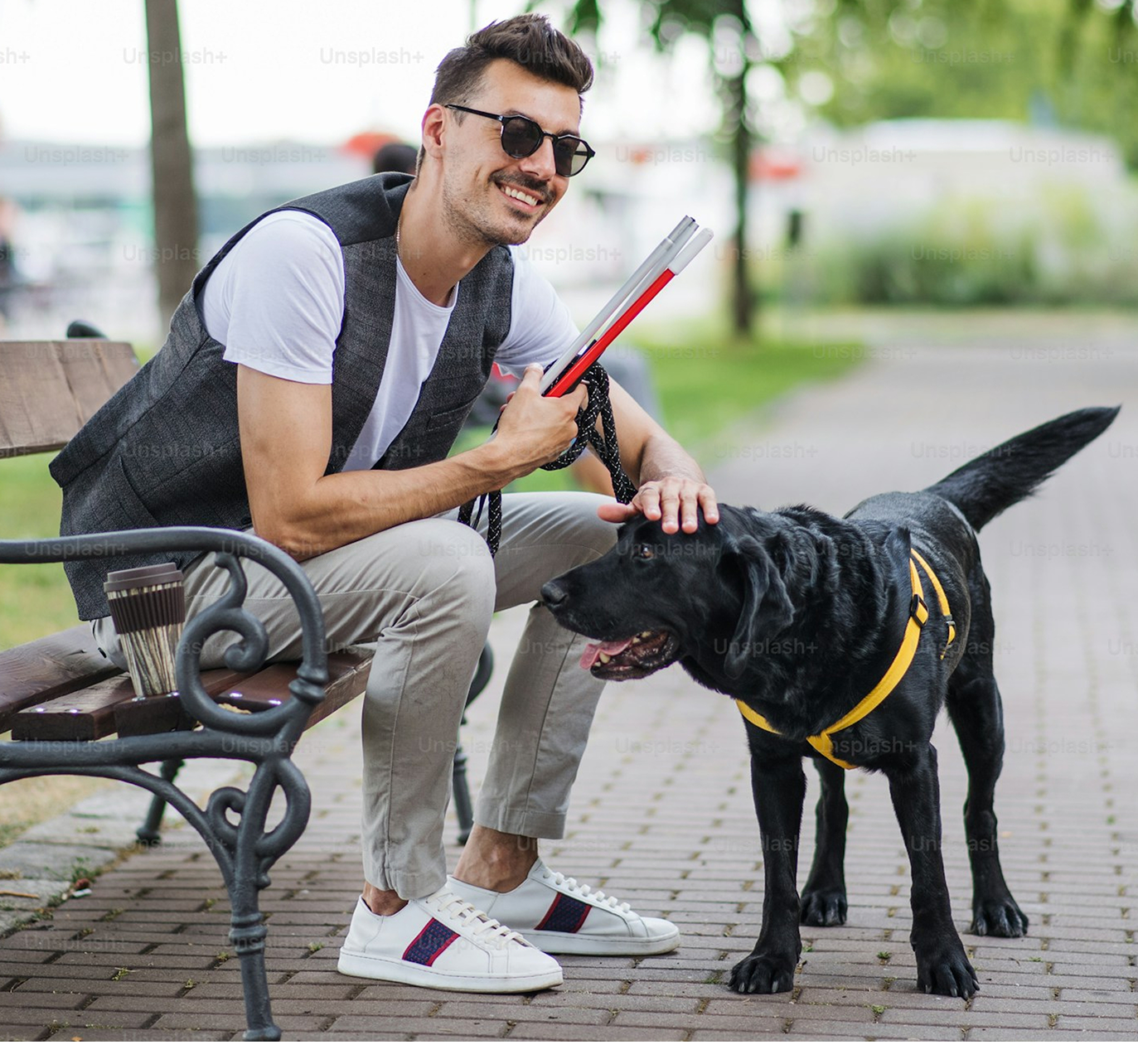 A person with sunglasses, sitting on an outdoor bench on a paved path. They're holding a white cane petting their black guide dog.